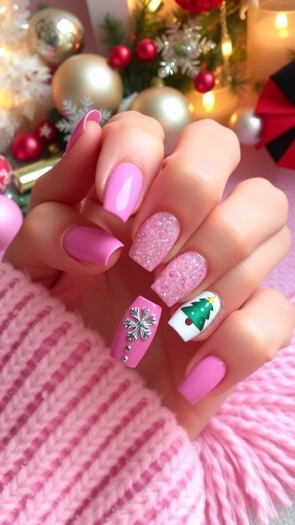 Elegant Pink Christmas Nail Art Elegant pink Christmas nails with glitter and festive designs on a cozy holiday-themed background.